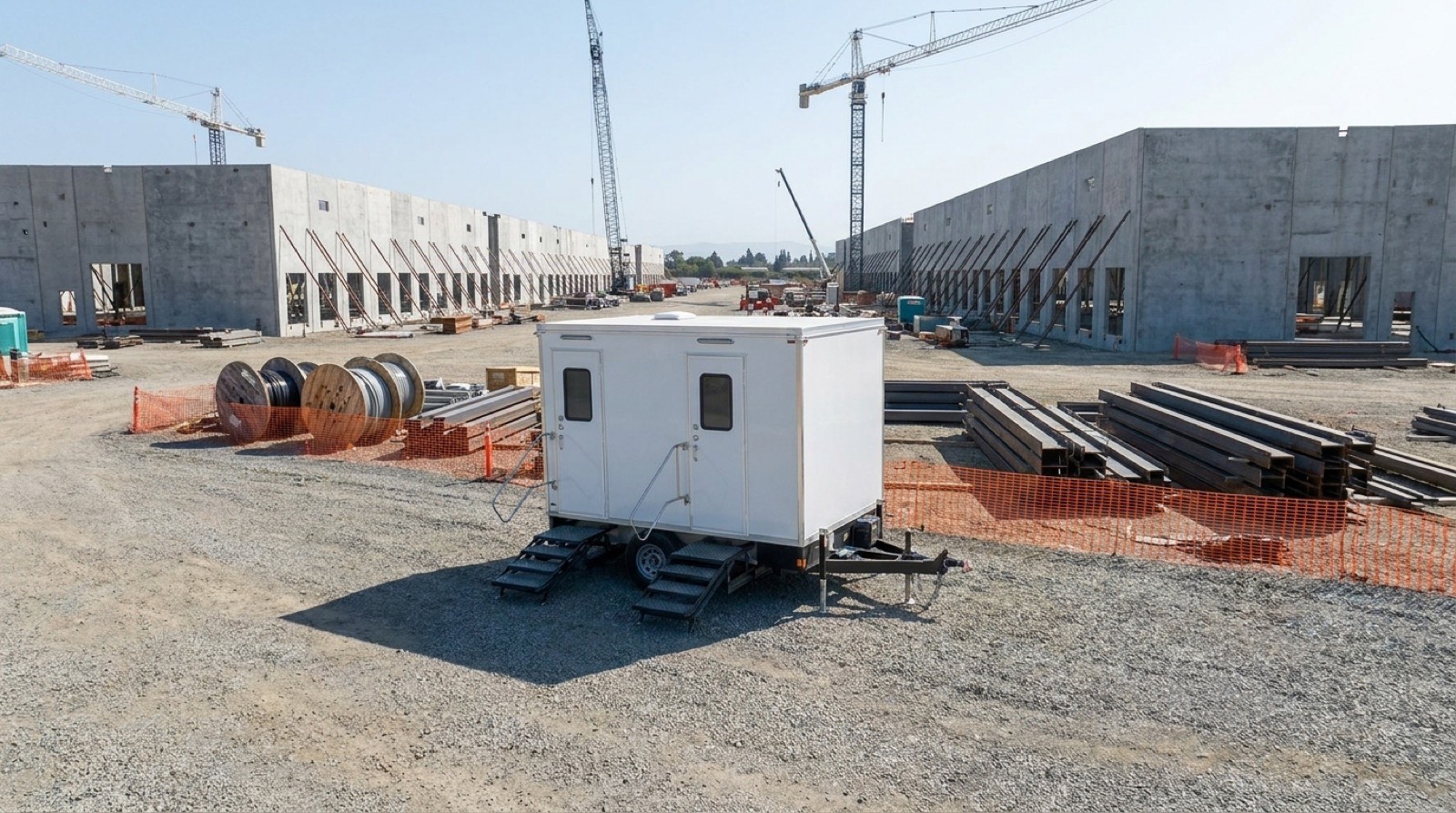 Private restroom trailer beside laydown at a Phoenix valley site