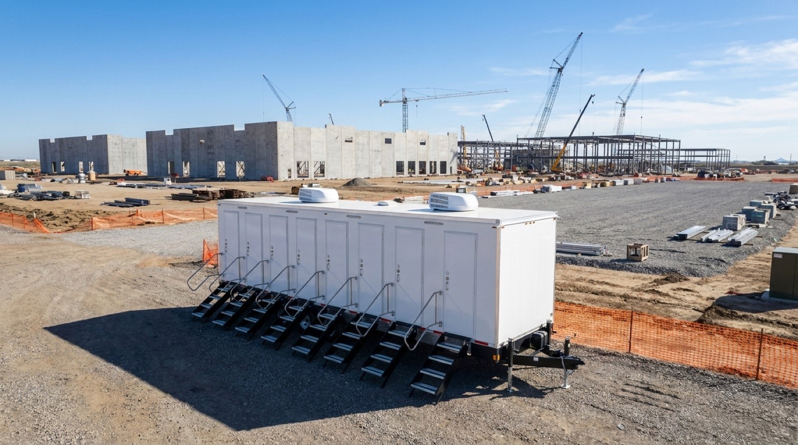 Nine station restroom trailer positioned at a data center site entrance