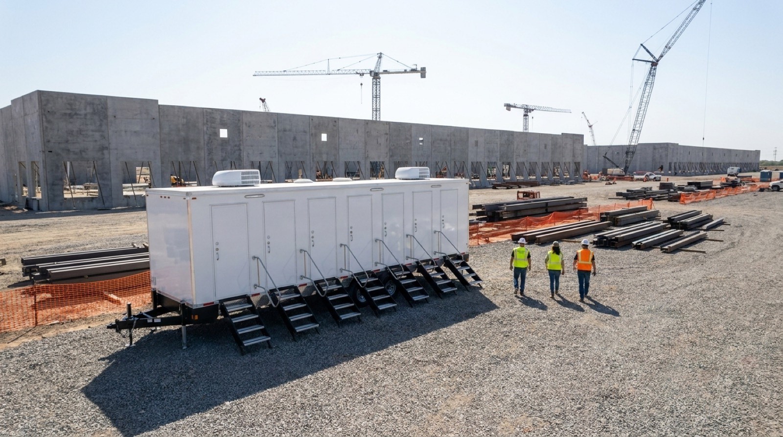 Nine station restroom trailer at a data center construction site with crew walking toward it