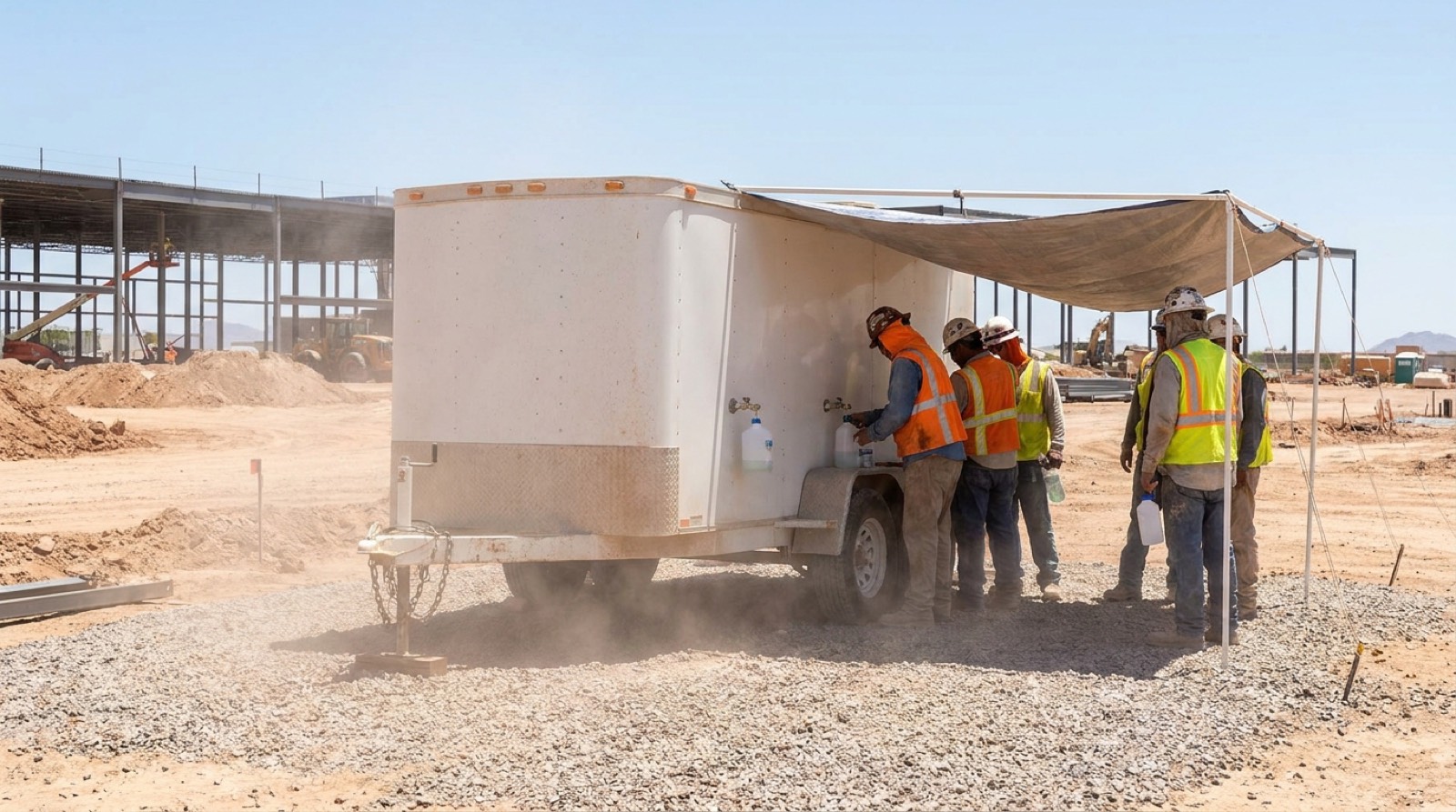 Crews filling water bottles at a shaded hydration trailer in Arizona desert heat