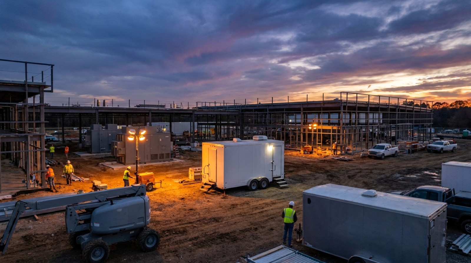 Data center construction site at dusk with lit trailer serving the night shift