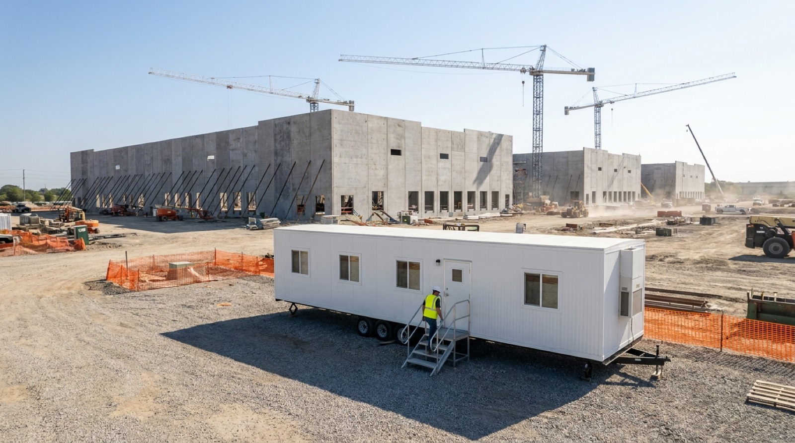 Mobile office and break room trailer at a data center construction site