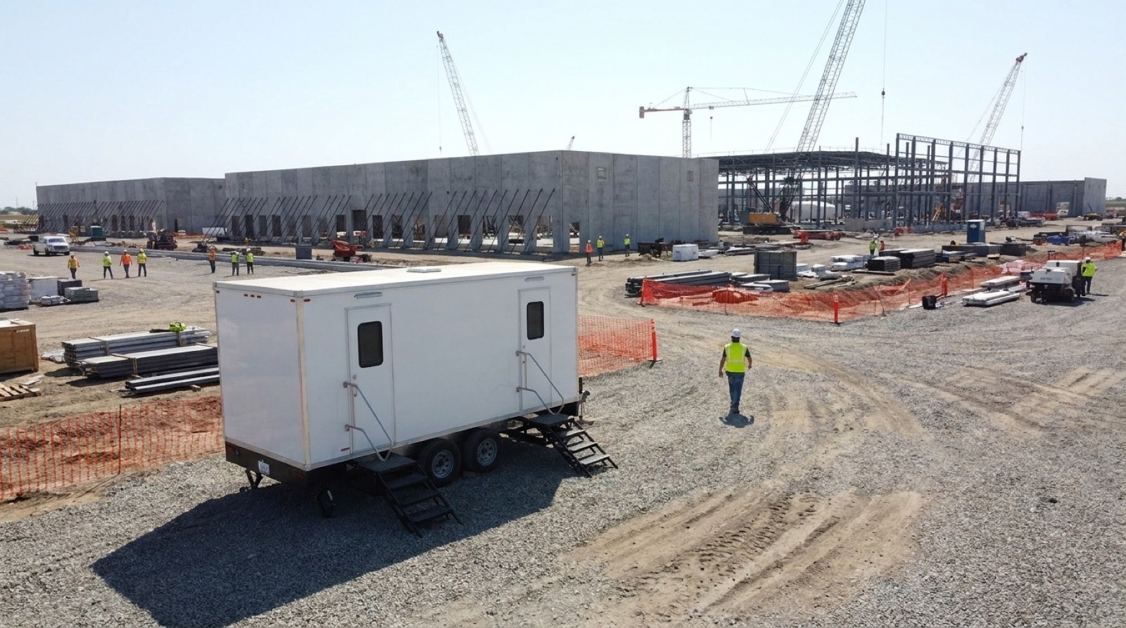 Multi-station restroom trailer at a job site