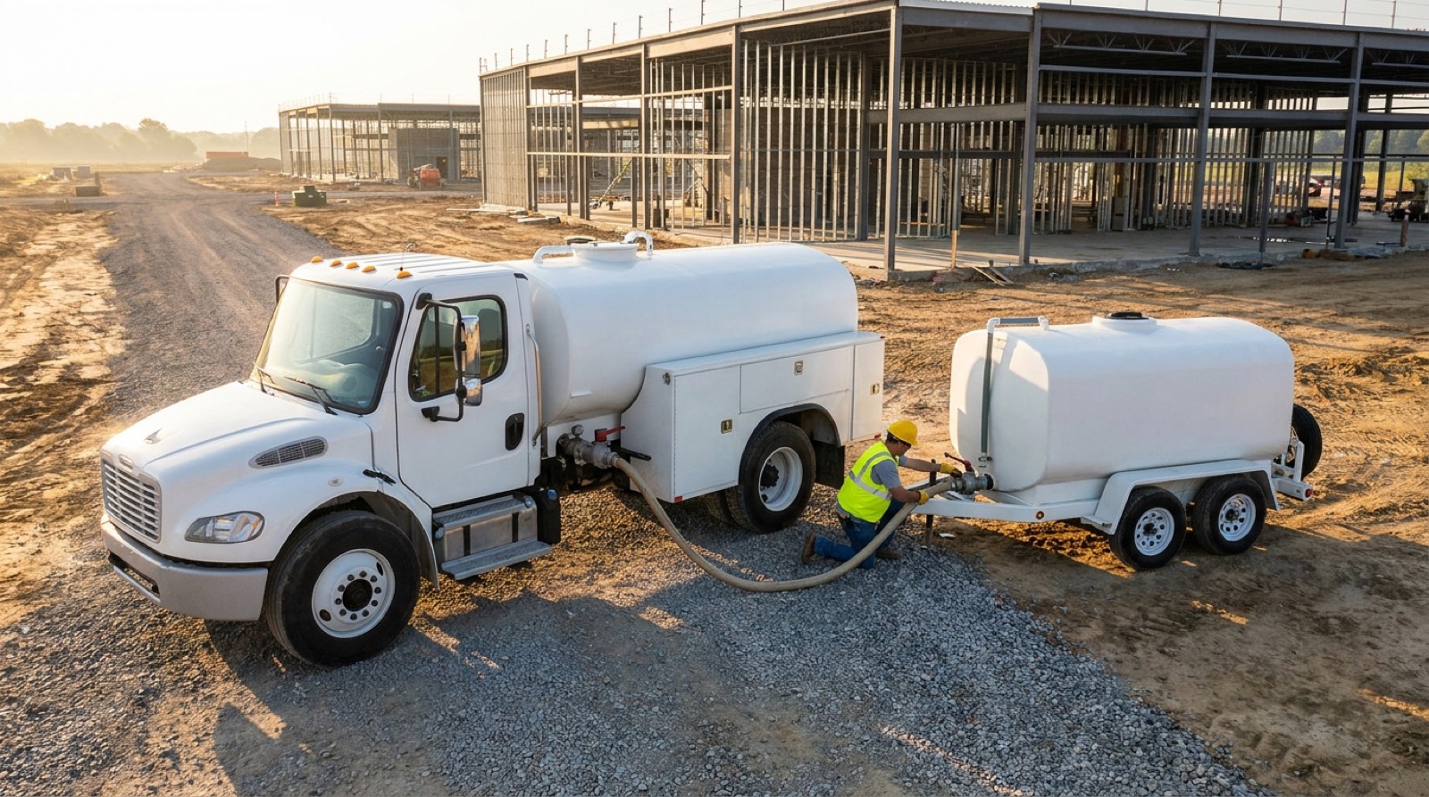 Water service truck refilling a trailer at a data center site